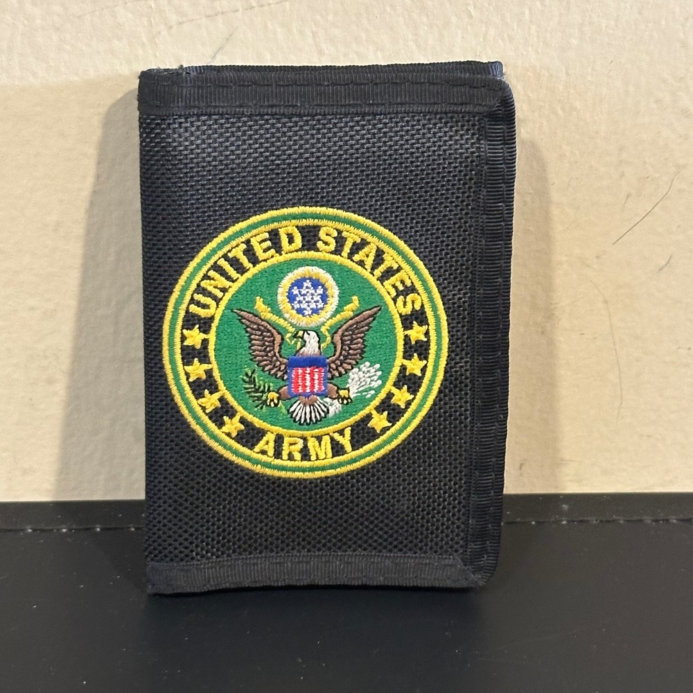 US Army Mens Trifold Wallet Black Nylon Canvas Embroidered Military Crest Logo